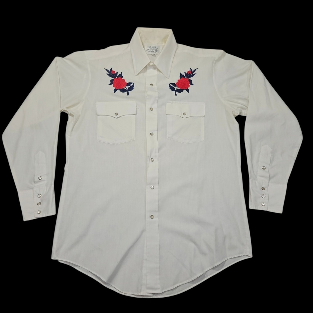 VTG Silver Spur 70s Western Pearl Snap Shirt Rose Embroidered Cream Sz 16-35